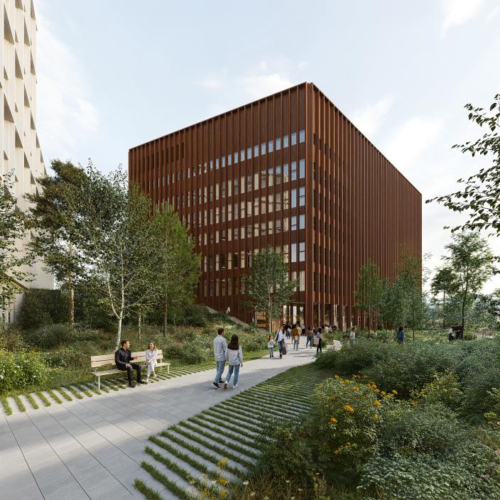 Havainnekuva tulevasta Taito-kampuksesta ja sen edustan istutuksista. (Kuva:  Turun kaupunki, Renell Käppi Arkkitehdit, Lundén Architecture Company &amp; Cobe)