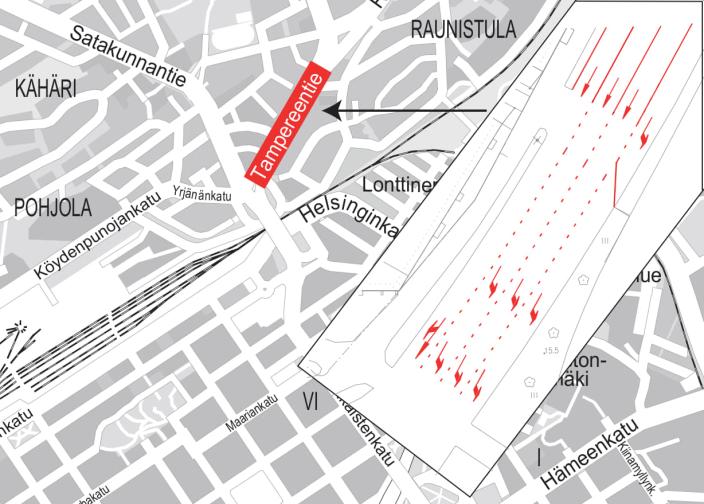 Uudet ajokaistajärjestelyt Tampereentien risteyksessä lyhentävät yhden kaistan pituutta. (Kuva: Turun kaupunki)