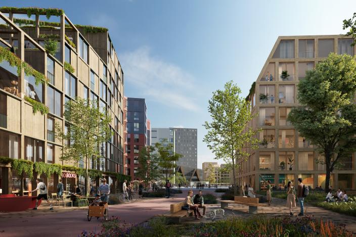 Havainnekuvassa on ihmisiä istumassa ja kulkemassa rakennusten välisellä puistomaisella alueella. (Kuva: Turun kaupunki ja Lundén Architecture Company)