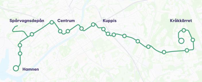 Grafisk kartbild som visar Åbo spårvägs rutt. (Foto: Turun Raitiotieallianssi)