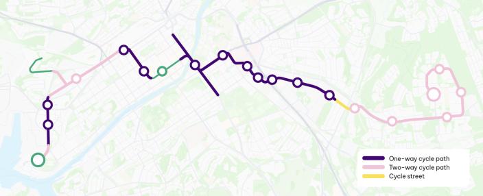 Graphic map showing the cycle paths being built as part of the Turku tramway project. (Picture: Turun Raitiotieallianssi)
