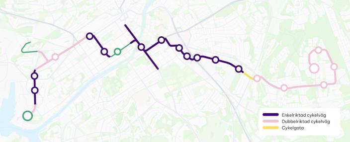 Grafisk kartbild som visar de cykelvägar som byggs i Åbo spårvägsprojekt. (Foto: Turun Raitiotieallianssi)
