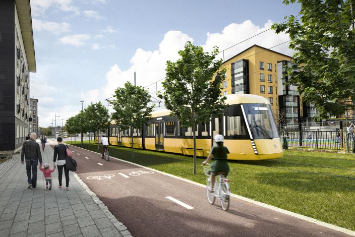 Havainnekuva Turun raitiotiestä Kirstinpuistossa