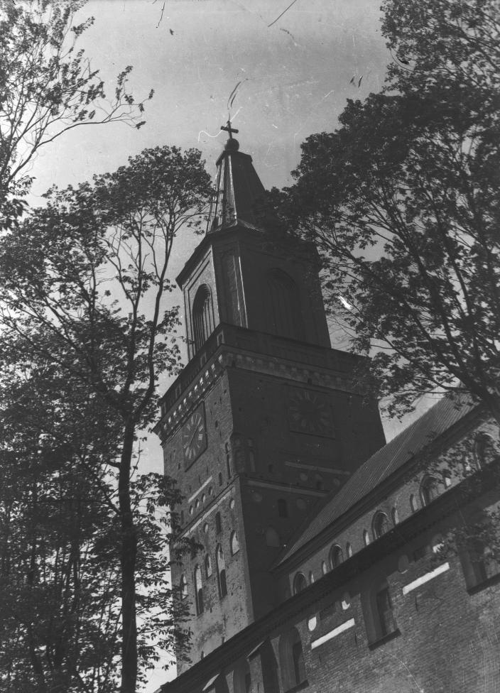 Vanha valokuva, jossa Turun tuomiokirkon torni näkyy puiden lomassa. (Kuva: Turun Sanomat / Turun kaupunginmuseo)
