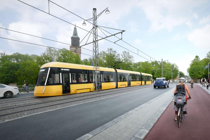 Havainnekuvassa keltainen raitiotie Tuomiokirkon edustalla sillalla. (Kuva: Turun raitiotieallianssi)