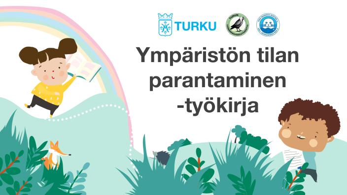 Ympäristön tilan parantaminen -työkirjan piirroskuvitettu kansi, jossa tyttö ja poika tekevät luonnossa kirjan tehtäviä. (Kuva: Turun kaupunki)