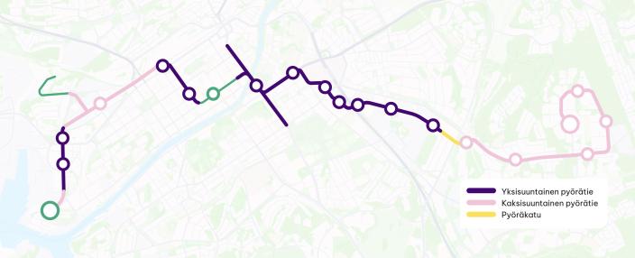 Graafinen karttakuva, jossa esitetty Turun raitiotiehankkeessa rakennettavat pyörätiet.  (Kuva: Turun Raitiotieallianssi)