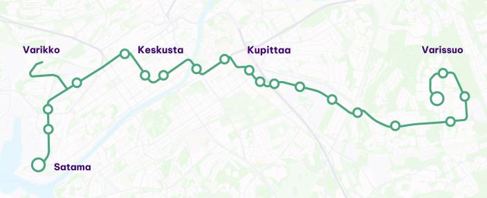 Graafinen karttakuva, jossa on esitetty Turun raitiotien reitti. Kartassa lukee paikannimet satama, varikko, keskusta, Kupittaa ja Varissuo. (Kuva: Turun Raitiotieallianssi)