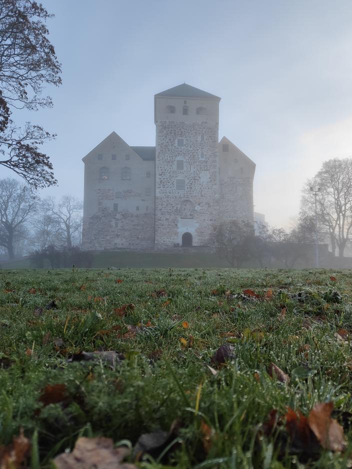 Huurteinen maa, taustalla sumuun peittyvä Turun linna.  (Kuva: Bengt Selin)