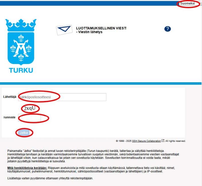 Turvapostin lähetys, ruutukaappaus jossa näkyvät tekstissä selitetyt vaiheet.