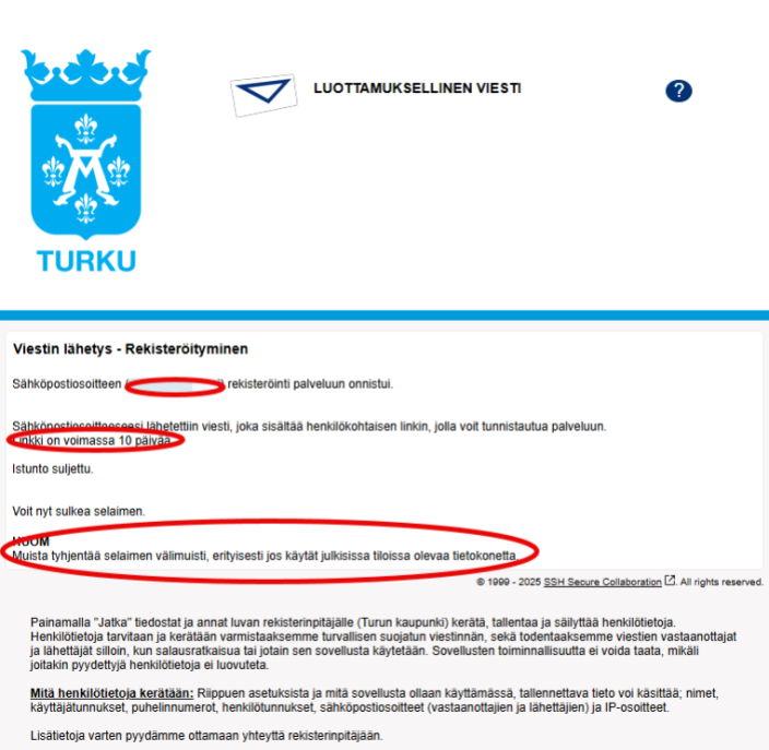 Onnistunut rekisteröinti turvaviestipalveluun.