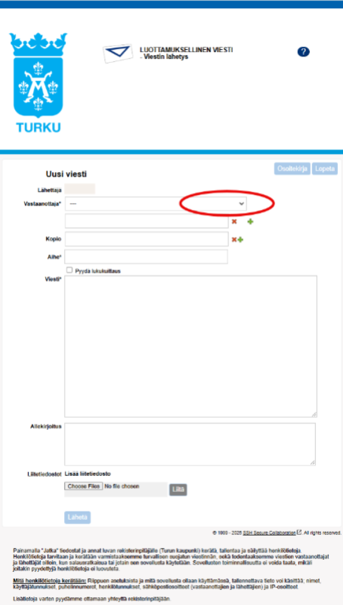 Uuden viestin kirjoitus turvaviestipalvelussa.