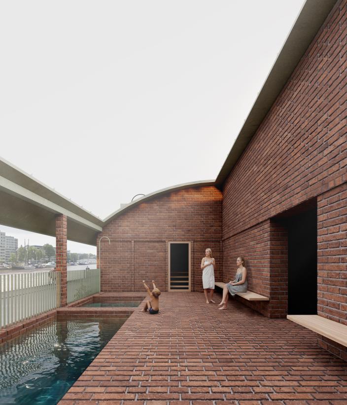 Havainnekuva Vaakahuoneen kilpailun voittaneen ehdotuksen saunarakennuksesta. (Picture: Schauman &amp; Nordgren Architects)