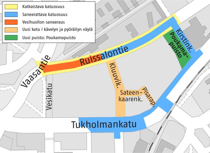 Vaasanpuiston infratyöt karttakuvassa.