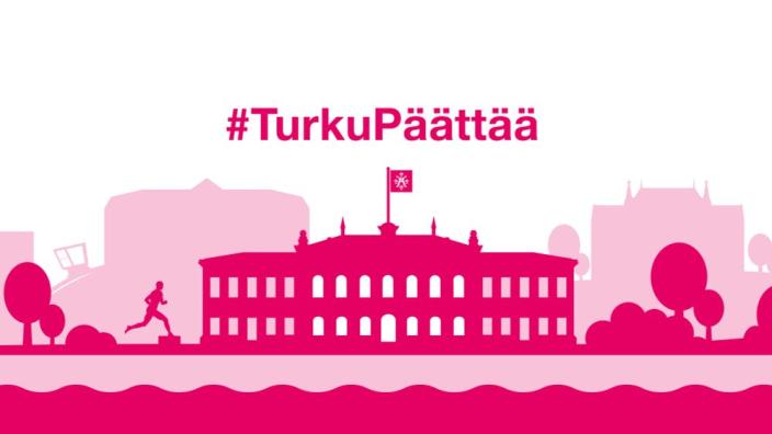 Graafinen vaaleanpunainen silhuetti Turun kaupungintalosta. 
