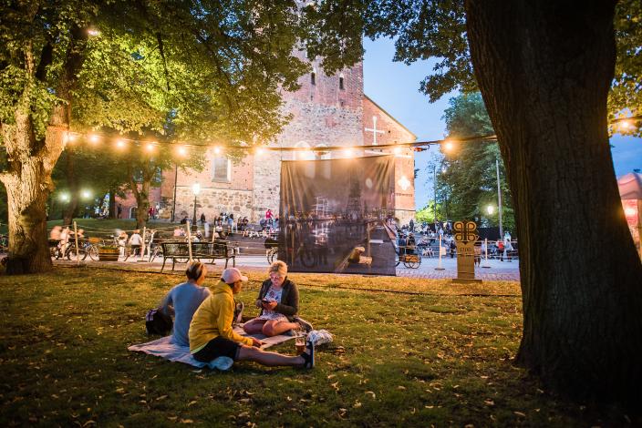 Ihmisiä istumassa puistoon levitetyllä peitolla, taustalla Turun tuomiokirkko. (Kuva: Vesa Aaltonen)