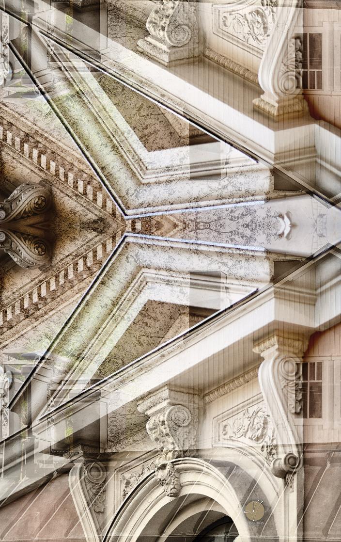 Vesa Loikkaan valokuvakollaasi, jossa on Turun Vanhankaupungin rakennusten julkisvuja. (Kuva: Vesa Loikas)