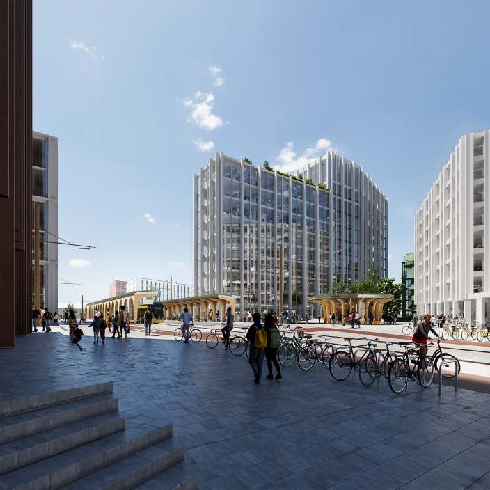 Havainnekuvassa ihmisiä ja pyöriä aukiolla, taustalla korkeita rakennuksia. (Kuva: Turun kaupunki, Lundén Architecture &amp; Cobe)