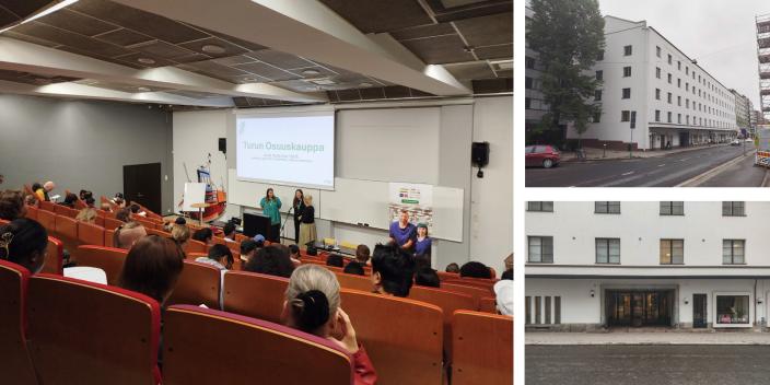 Kolmen kuvan kokoelma, jossa on kuva Linnanteatterin luentosalista RekryTreffeiltä ja kaksi ulkokuvaa Linnanteatterin rakennuksesta sateisena päivänä. (Kuva: Ari Brozinski)